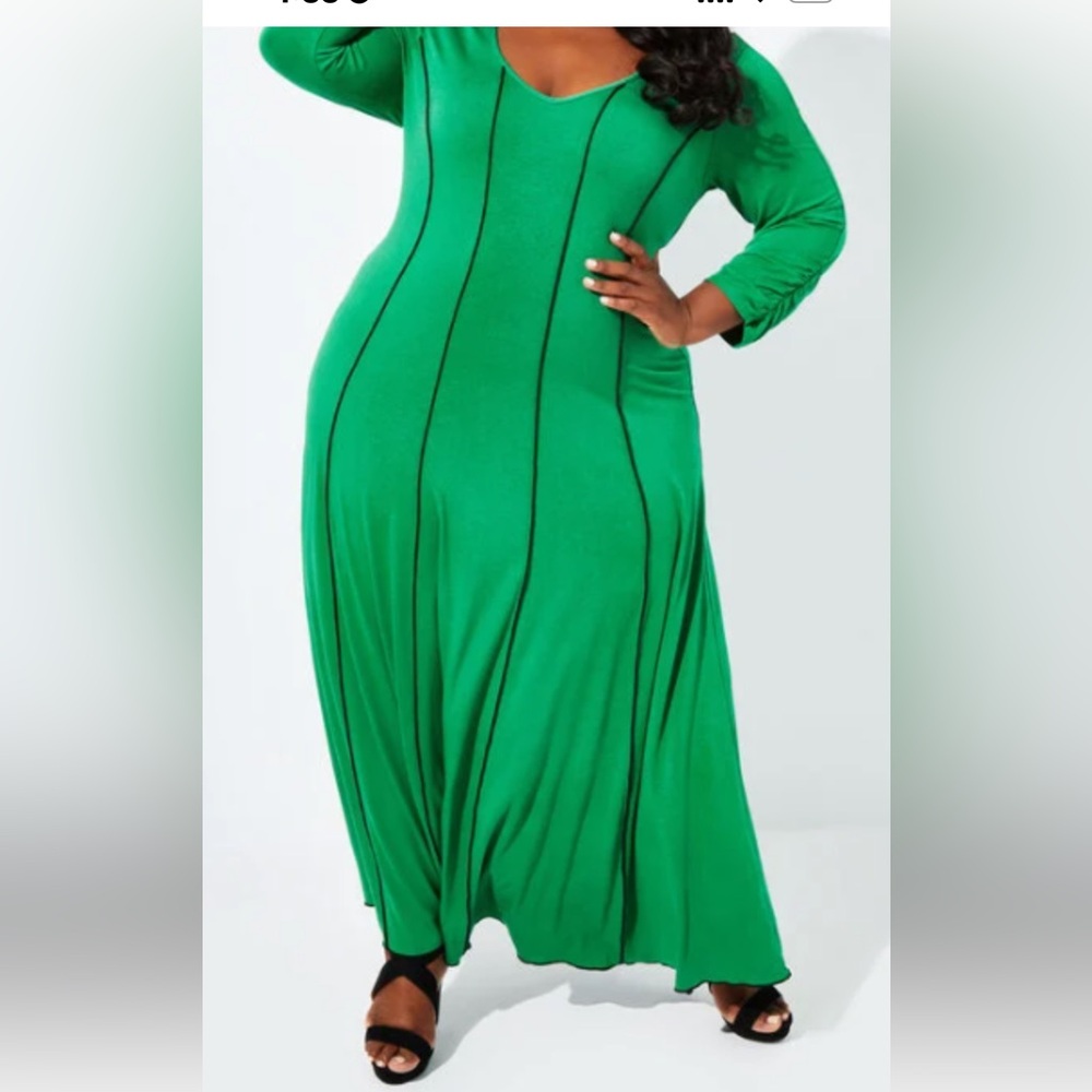 Ashley Stewart Green Maxi Dress NWT Size 14/16 Black Piping Detail